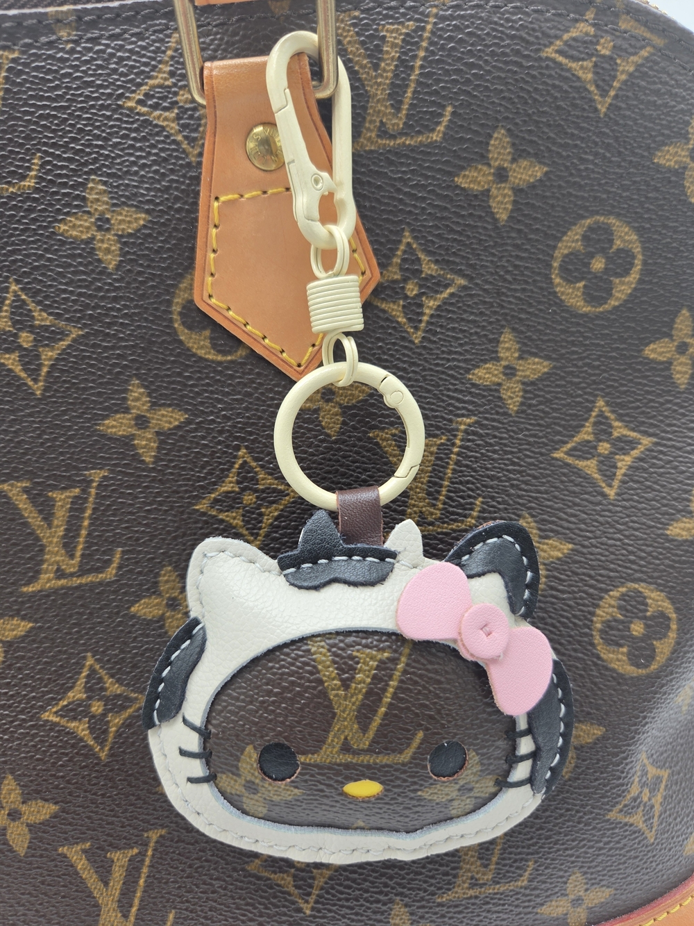 Upcycled Louis Vuitton Brown Monogram Kitty Bag Charm Keyring Pink Bow